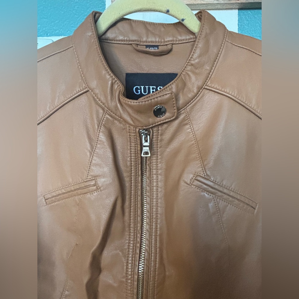 GUESS Women's Tan Faux Leather Moto Jacket - Picture 2 of 6